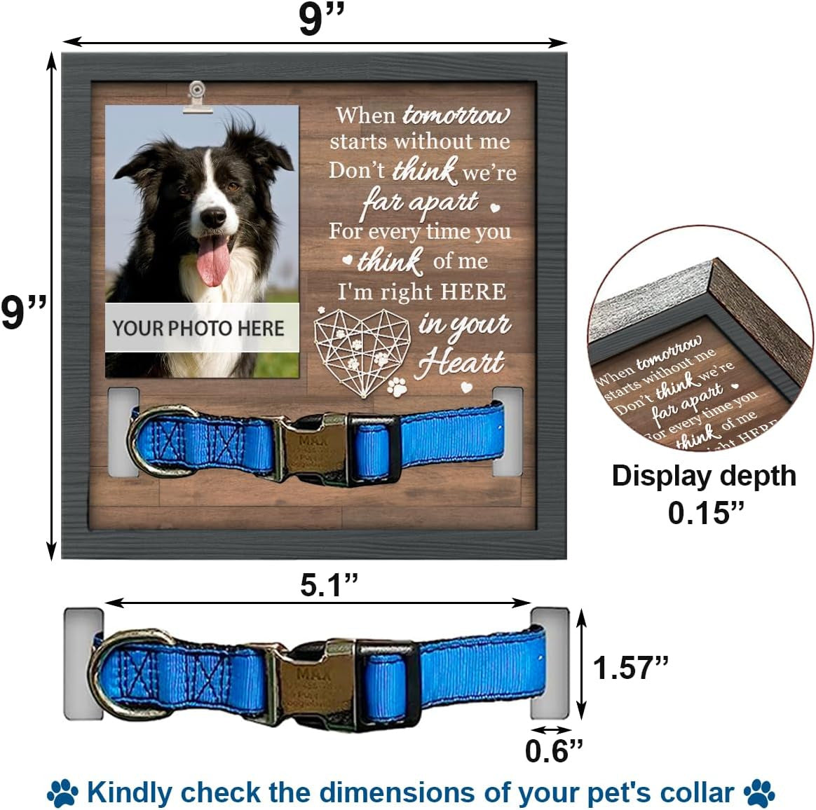 Vintage Wooden Pet Memorial Frame – Handcrafted Display with Custom Engraving & Collar Holder (Timeless Tribute)