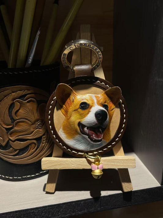 Handcrafted Pet Portrait Leather Carving – Custom Engravable Collar Charm or Keychain (Premium Vegetable-Tanned Leather)