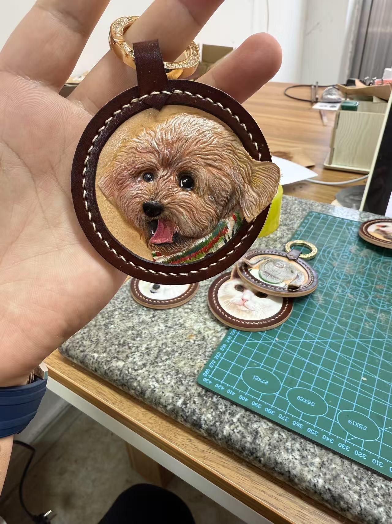 Handcrafted Pet Portrait Leather Carving – Custom Engravable Collar Charm or Keychain (Premium Vegetable-Tanned Leather)