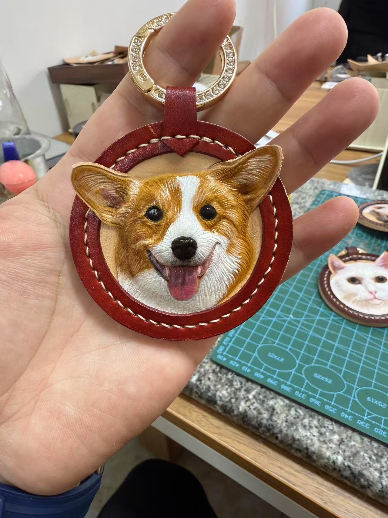 Handcrafted Pet Portrait Leather Carving – Custom Engravable Collar Charm or Keychain (Premium Vegetable-Tanned Leather)