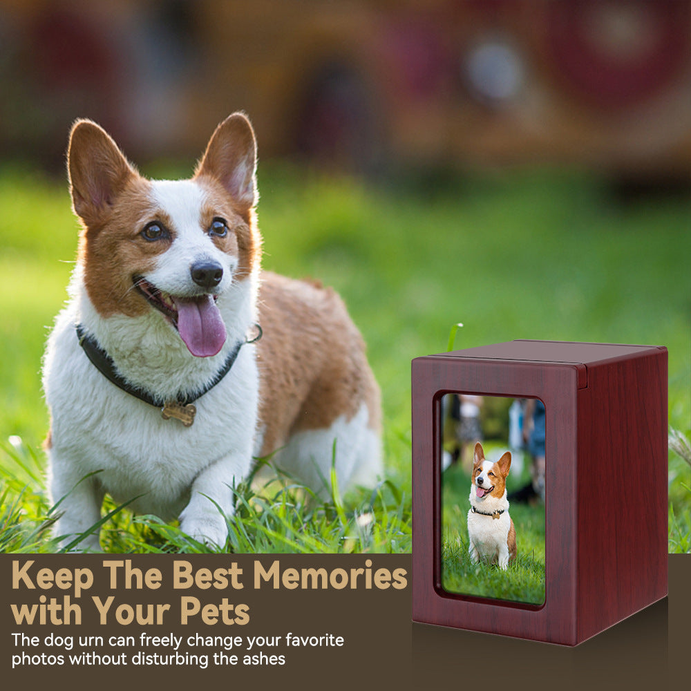 Handcrafted Pet Memorial Urn – Custom Engraved Wooden Keepsake with Photo Frame (Timeless Tribute)